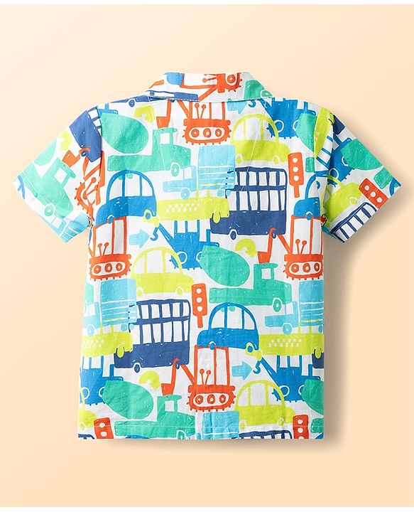 Babyhug Cotton Woven Half Sleeves Co-Ord Shirt & Pyjama Night Suit With Vehicle Print - White