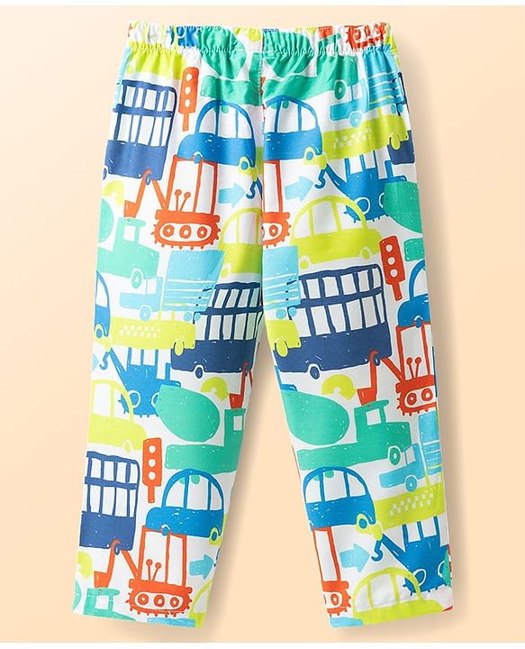 Babyhug Cotton Woven Half Sleeves Co-Ord Shirt & Pyjama Night Suit With Vehicle Print - White
