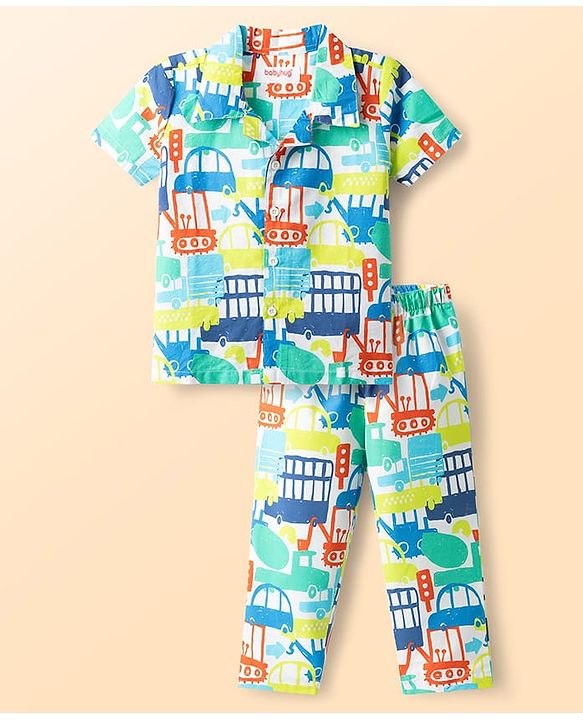 Babyhug Cotton Woven Half Sleeves Co-Ord Shirt & Pyjama Night Suit With Vehicle Print - White