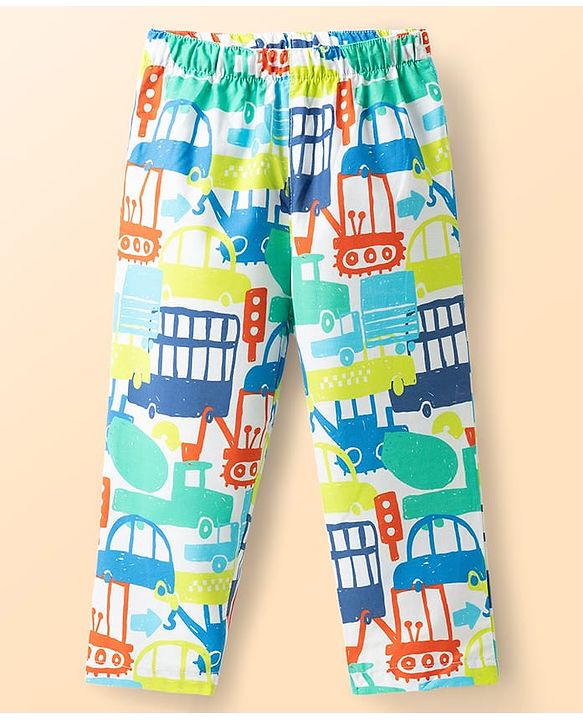 Babyhug Cotton Woven Half Sleeves Co-Ord Shirt & Pyjama Night Suit With Vehicle Print - White