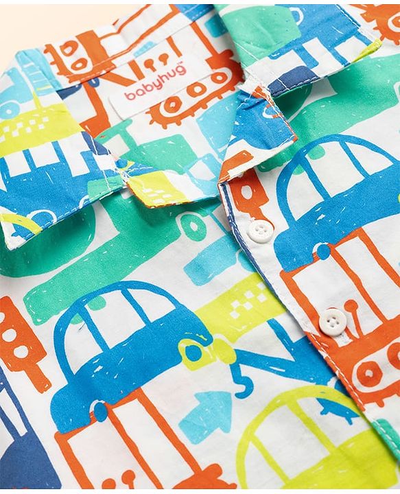 Babyhug Cotton Woven Half Sleeves Co-Ord Shirt & Pyjama Night Suit With Vehicle Print - White