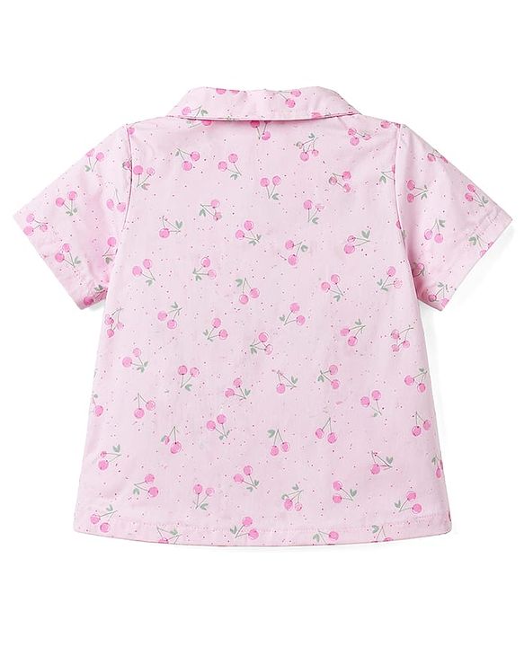 Babyhug Cotton Knit Half Sleeves Top & Pyjama Co-ord Night Suit with Floral Print - Pink