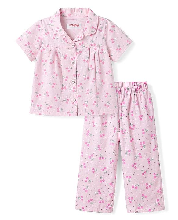 Babyhug Cotton Knit Half Sleeves Top & Pyjama Co-ord Night Suit with Floral Print - Pink
