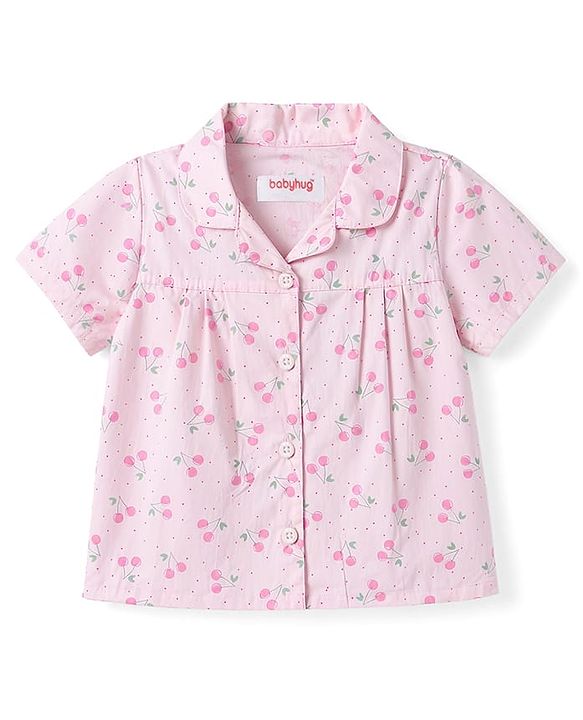 Babyhug Cotton Knit Half Sleeves Top & Pyjama Co-ord Night Suit with Floral Print - Pink