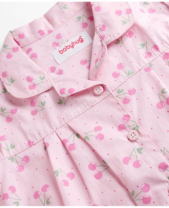 Babyhug Cotton Knit Half Sleeves Top & Pyjama Co-ord Night Suit with Floral Print - Pink