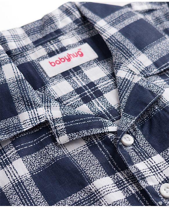 Babyhug Cotton Woven Half Sleeves Shirt & Pyjama Night Suit Print with Checks - Navy