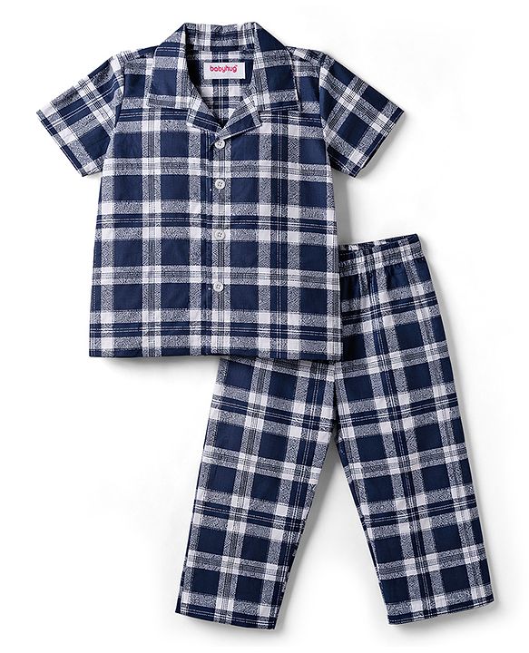 Babyhug Cotton Woven Half Sleeves Shirt & Pyjama Night Suit Print with Checks - Navy