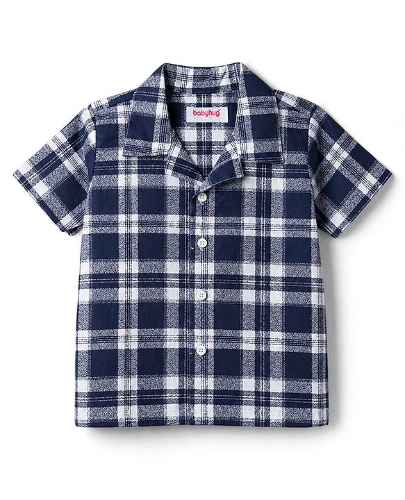 Babyhug Cotton Woven Half Sleeves Shirt & Pyjama Night Suit Print with Checks - Navy