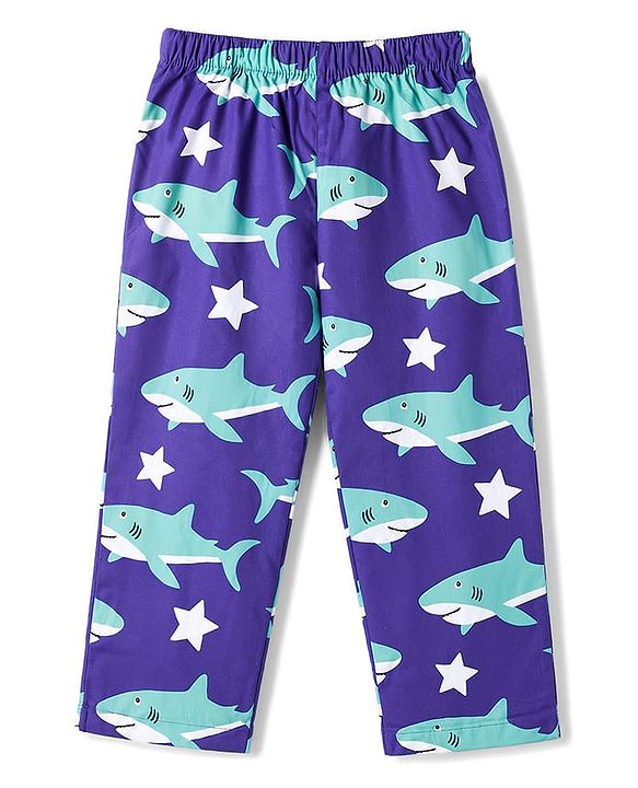 Babyhug Cotton Woven Half Sleeves Shirt & Pyjama Co-ord Night Suit with Shark Print - Purple