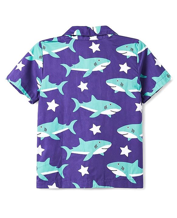 Babyhug Cotton Woven Half Sleeves Shirt & Pyjama Co-ord Night Suit with Shark Print - Purple