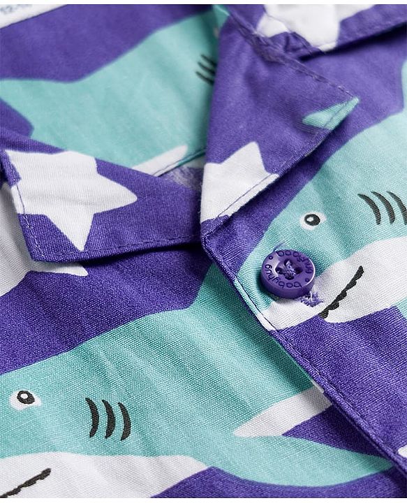 Babyhug Cotton Woven Half Sleeves Shirt & Pyjama Co-ord Night Suit with Shark Print - Purple