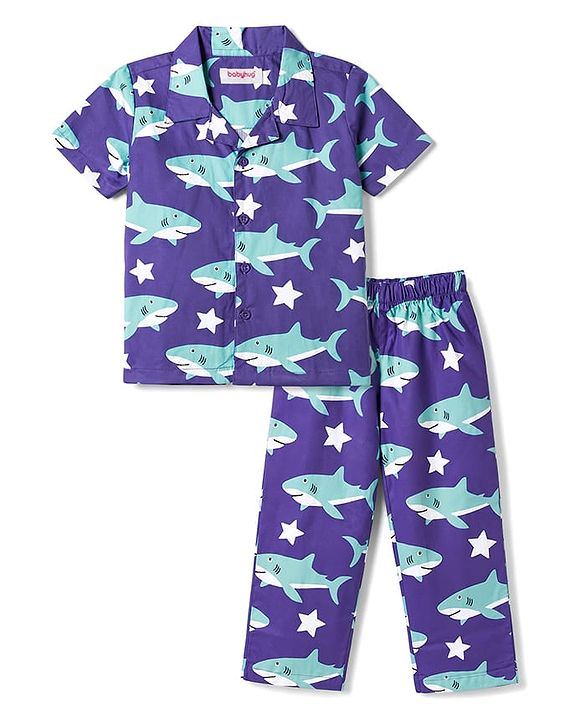 Babyhug Cotton Woven Half Sleeves Shirt & Pyjama Co-ord Night Suit with Shark Print - Purple