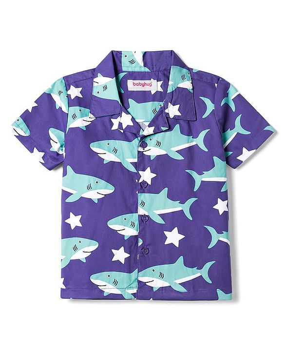 Babyhug Cotton Woven Half Sleeves Shirt & Pyjama Co-ord Night Suit with Shark Print - Purple
