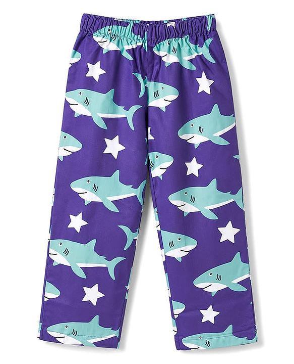Babyhug Cotton Woven Half Sleeves Shirt & Pyjama Co-ord Night Suit with Shark Print - Purple
