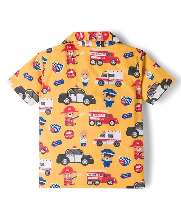 Babyhug Cotton Woven Front Open Half Sleeves Shirt & Pyjama Night Suit Car & Bear  Print - Yellow