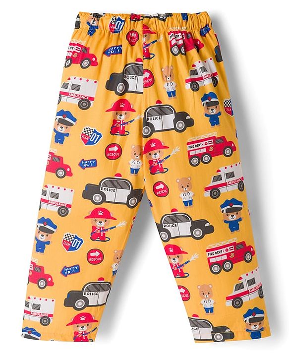 Babyhug Cotton Woven Front Open Half Sleeves Shirt & Pyjama Night Suit Car & Bear  Print - Yellow