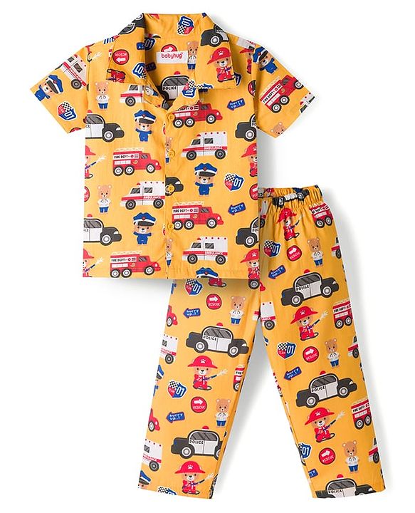 Babyhug Cotton Woven Front Open Half Sleeves Shirt & Pyjama Night Suit Car & Bear  Print - Yellow