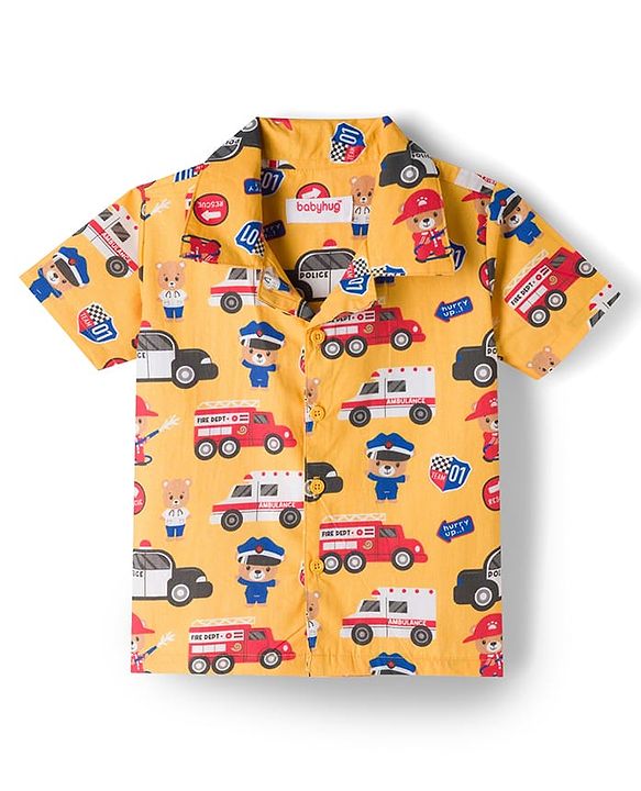 Babyhug Cotton Woven Front Open Half Sleeves Shirt & Pyjama Night Suit Car & Bear  Print - Yellow