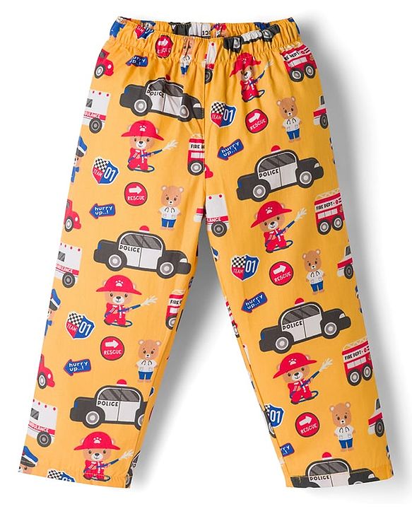 Babyhug Cotton Woven Front Open Half Sleeves Shirt & Pyjama Night Suit Car & Bear  Print - Yellow