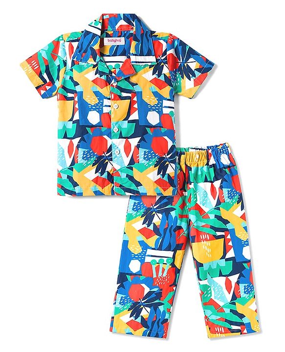 Babyhug Cotton Woven Half Sleeves Printed Shirt & Pyjama Co-ord Night Suit - Blue