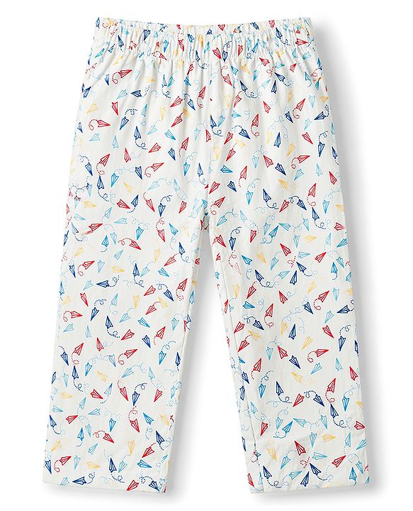 Babyhug Cotton Woven Front Open Half Sleeves Printed Shirt & Pyjama Night Suit - White