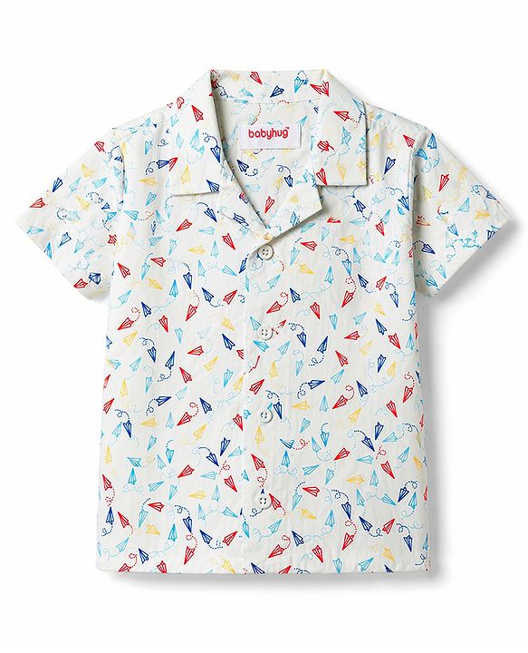 Babyhug Cotton Woven Front Open Half Sleeves Printed Shirt & Pyjama Night Suit - White