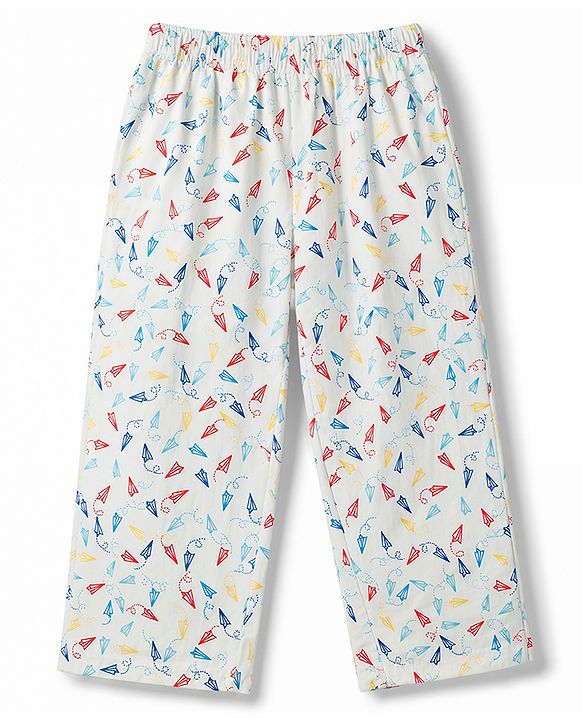 Babyhug Cotton Woven Front Open Half Sleeves Printed Shirt & Pyjama Night Suit - White