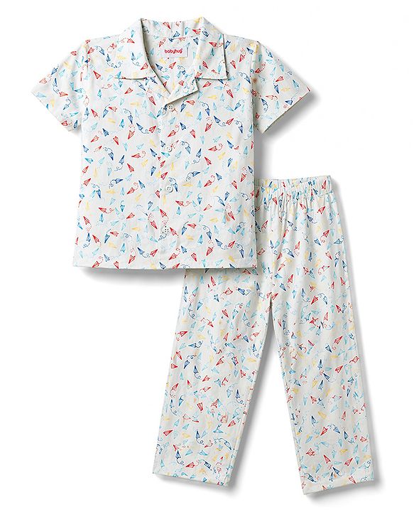 Babyhug Cotton Woven Front Open Half Sleeves Printed Shirt & Pyjama Night Suit - White
