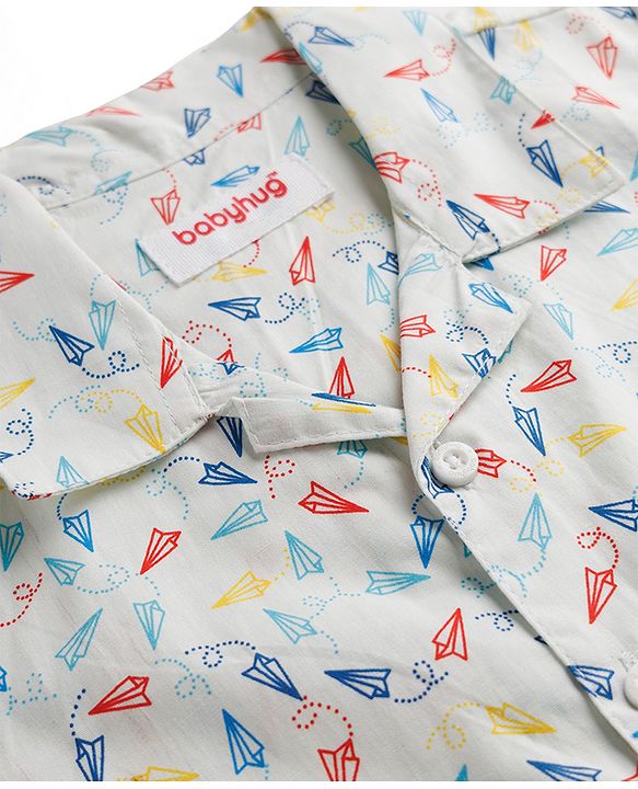 Babyhug Cotton Woven Front Open Half Sleeves Printed Shirt & Pyjama Night Suit - White