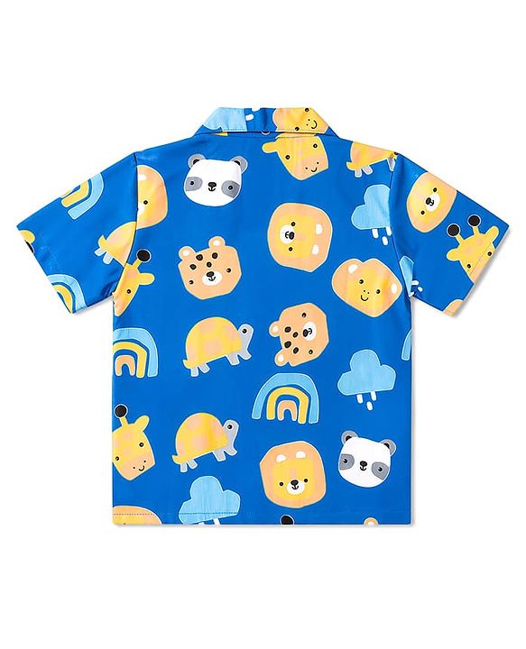 Babyhug Cotton Woven Half Sleeves Shirt & Pyjama Co-ord Night Suit with Animal Print - Blue