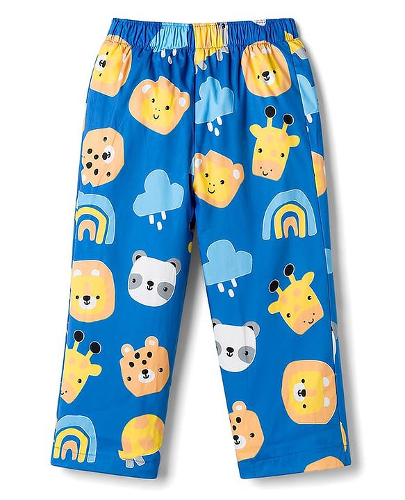 Babyhug Cotton Woven Half Sleeves Shirt & Pyjama Co-ord Night Suit with Animal Print - Blue