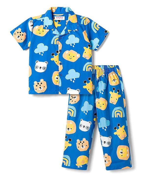 Babyhug Cotton Woven Half Sleeves Shirt & Pyjama Co-ord Night Suit with Animal Print - Blue