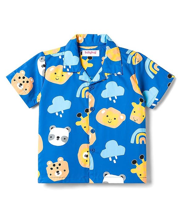 Babyhug Cotton Woven Half Sleeves Shirt & Pyjama Co-ord Night Suit with Animal Print - Blue