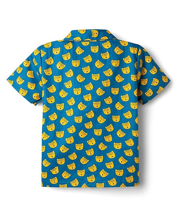 Babyhug Cotton Woven Front Open Half Sleeves Cub Face Printed Shirt & Pyjama Night Suit - Blue