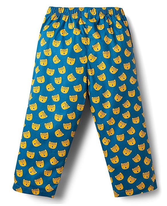 Babyhug Cotton Woven Front Open Half Sleeves Cub Face Printed Shirt & Pyjama Night Suit - Blue