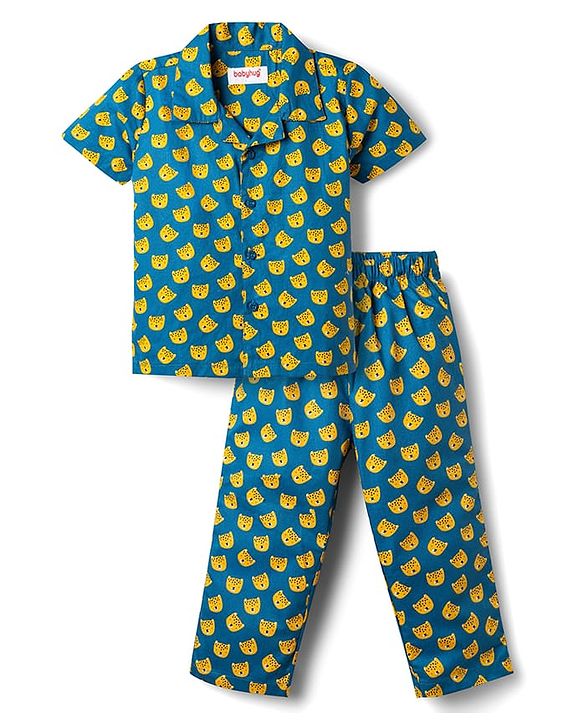Babyhug Cotton Woven Front Open Half Sleeves Cub Face Printed Shirt & Pyjama Night Suit - Blue