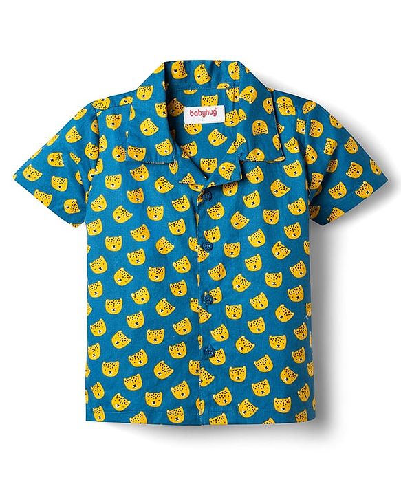 Babyhug Cotton Woven Front Open Half Sleeves Cub Face Printed Shirt & Pyjama Night Suit - Blue