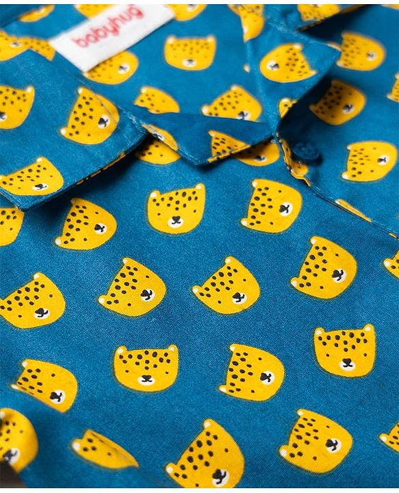 Babyhug Cotton Woven Front Open Half Sleeves Cub Face Printed Shirt & Pyjama Night Suit - Blue
