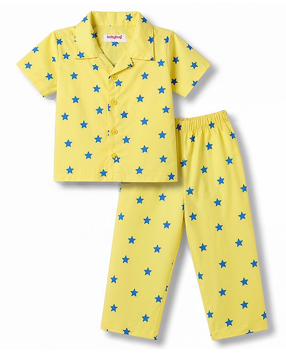 Babyhug Cotton Woven Front Open Half Sleeves Star Printed Shirt & Pyjama Night Suit - Yellow