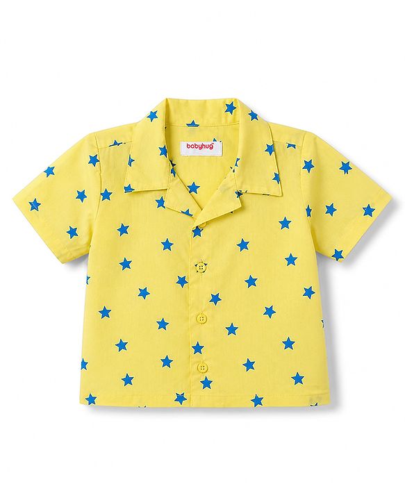Babyhug Cotton Woven Front Open Half Sleeves Star Printed Shirt & Pyjama Night Suit - Yellow