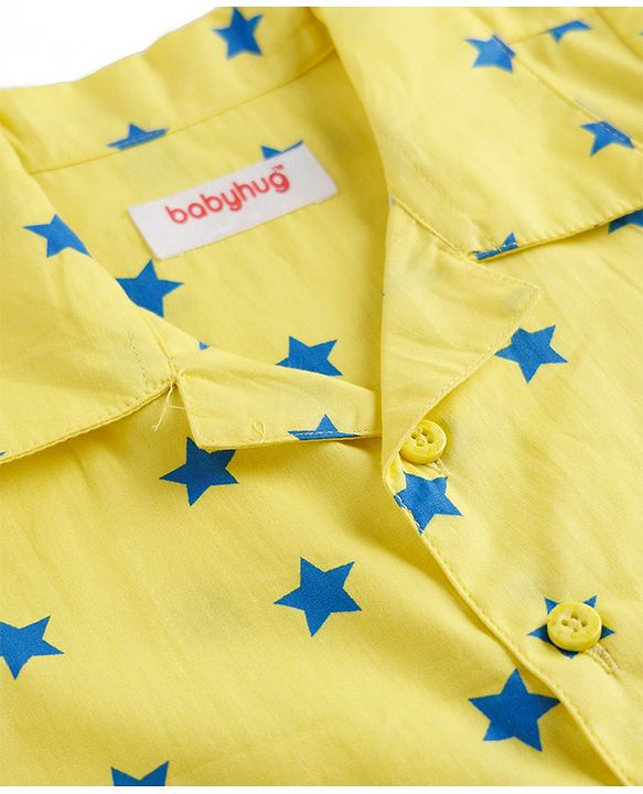 Babyhug Cotton Woven Front Open Half Sleeves Star Printed Shirt & Pyjama Night Suit - Yellow