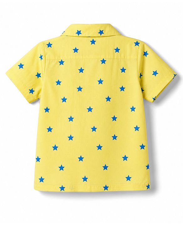 Babyhug Cotton Woven Front Open Half Sleeves Star Printed Shirt & Pyjama Night Suit - Yellow