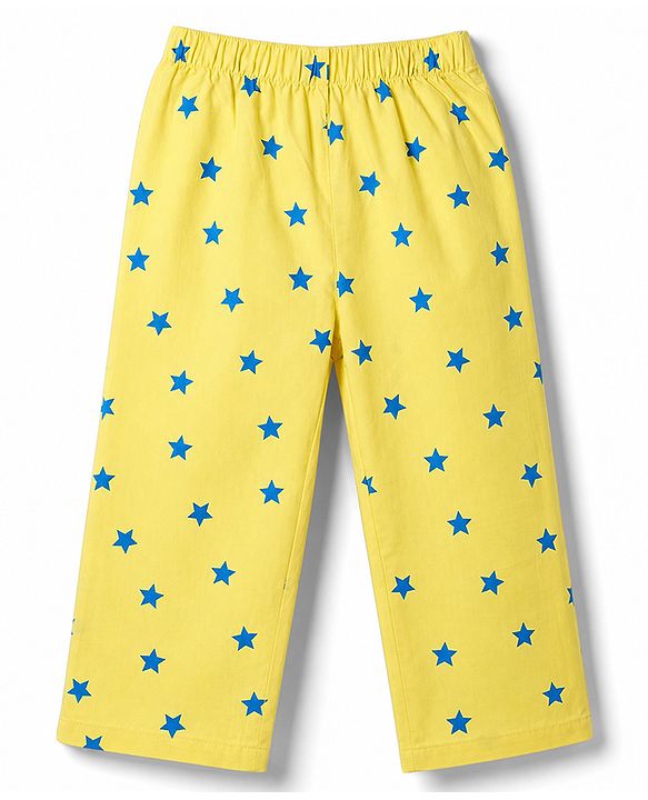 Babyhug Cotton Woven Front Open Half Sleeves Star Printed Shirt & Pyjama Night Suit - Yellow