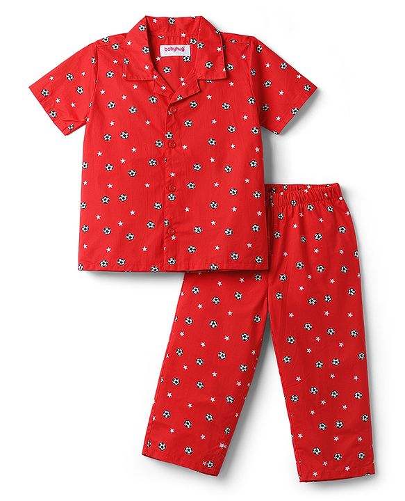 Babyhug Cotton Woven Front Open Half Sleeves Star Printed Shirt & Pyjama Night Suit - Red