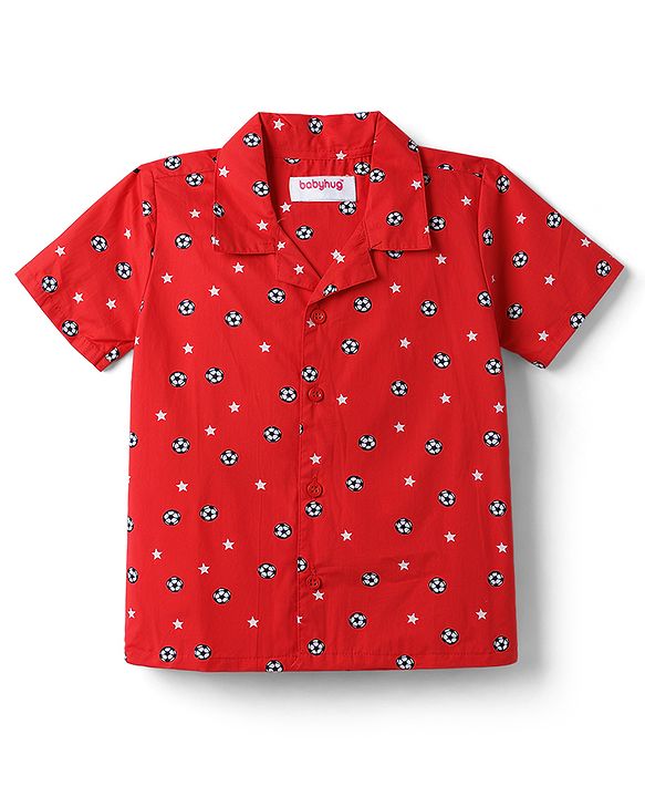 Babyhug Cotton Woven Front Open Half Sleeves Star Printed Shirt & Pyjama Night Suit - Red