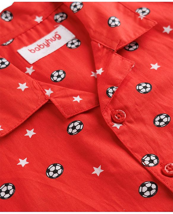 Babyhug Cotton Woven Front Open Half Sleeves Star Printed Shirt & Pyjama Night Suit - Red