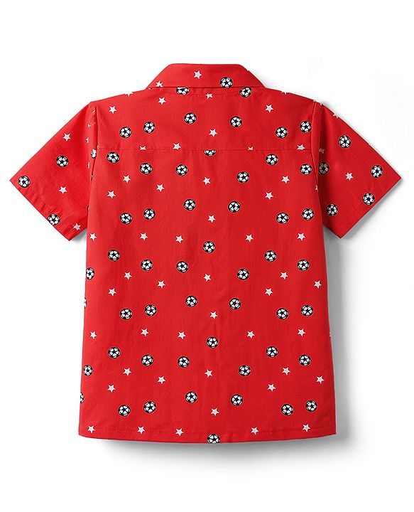 Babyhug Cotton Woven Front Open Half Sleeves Star Printed Shirt & Pyjama Night Suit - Red