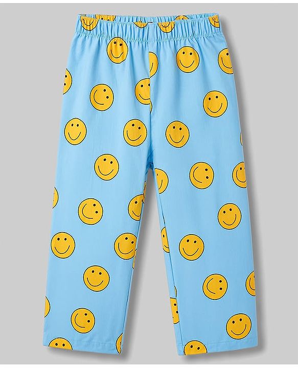 Babyhug Cotton Woven Front Open Half Sleeves Smiley Printed Shirt & Pyjama Night Suit - Blue