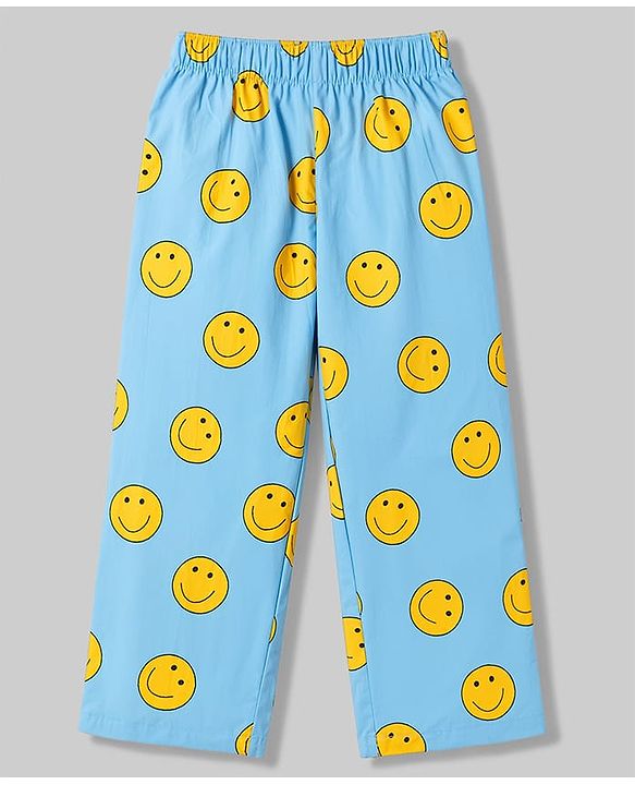 Babyhug Cotton Woven Front Open Half Sleeves Smiley Printed Shirt & Pyjama Night Suit - Blue