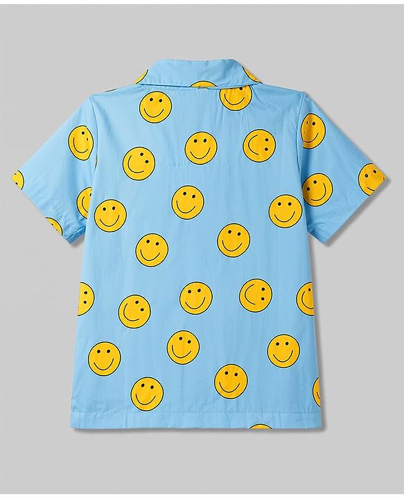 Babyhug Cotton Woven Front Open Half Sleeves Smiley Printed Shirt & Pyjama Night Suit - Blue